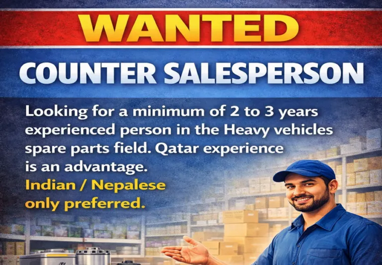 Heavy Vehicle Spare Parts Counter Salesperson for Immediate Hire in Qatar